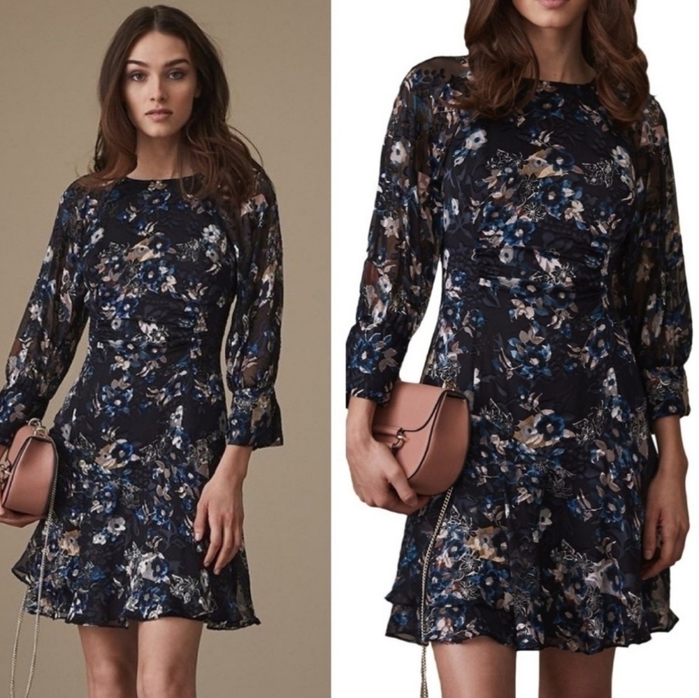 REISS Allie Floral Burnout Dress Navy Blue Size 10